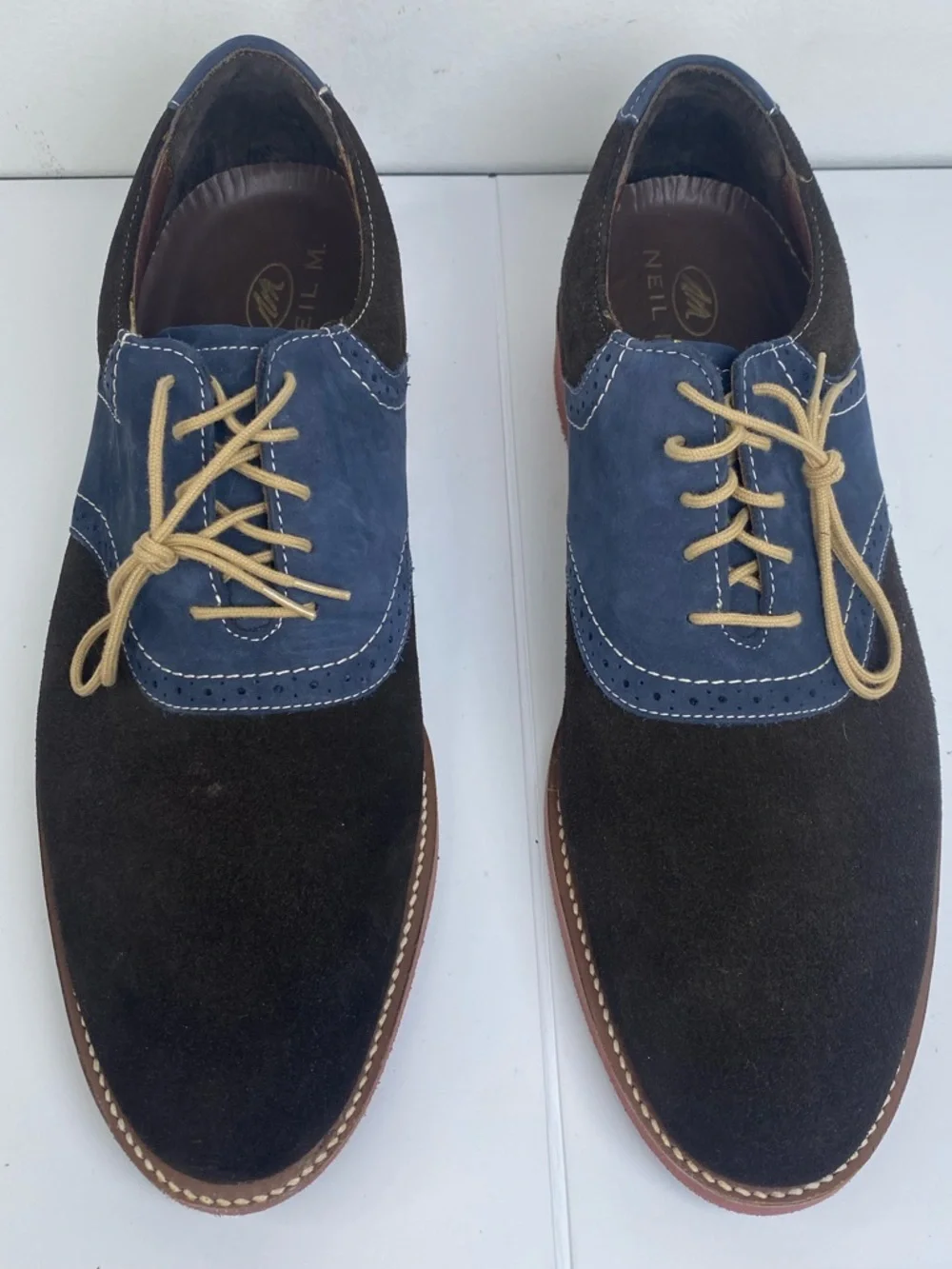 Neil M Dark Blue & Black Low-Top Suede Oxford Shoes w Yellow Laces